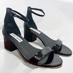 STEVE MADDEN Irene Sandals Size 5.5M Black Patent Leather Block Heel Classic